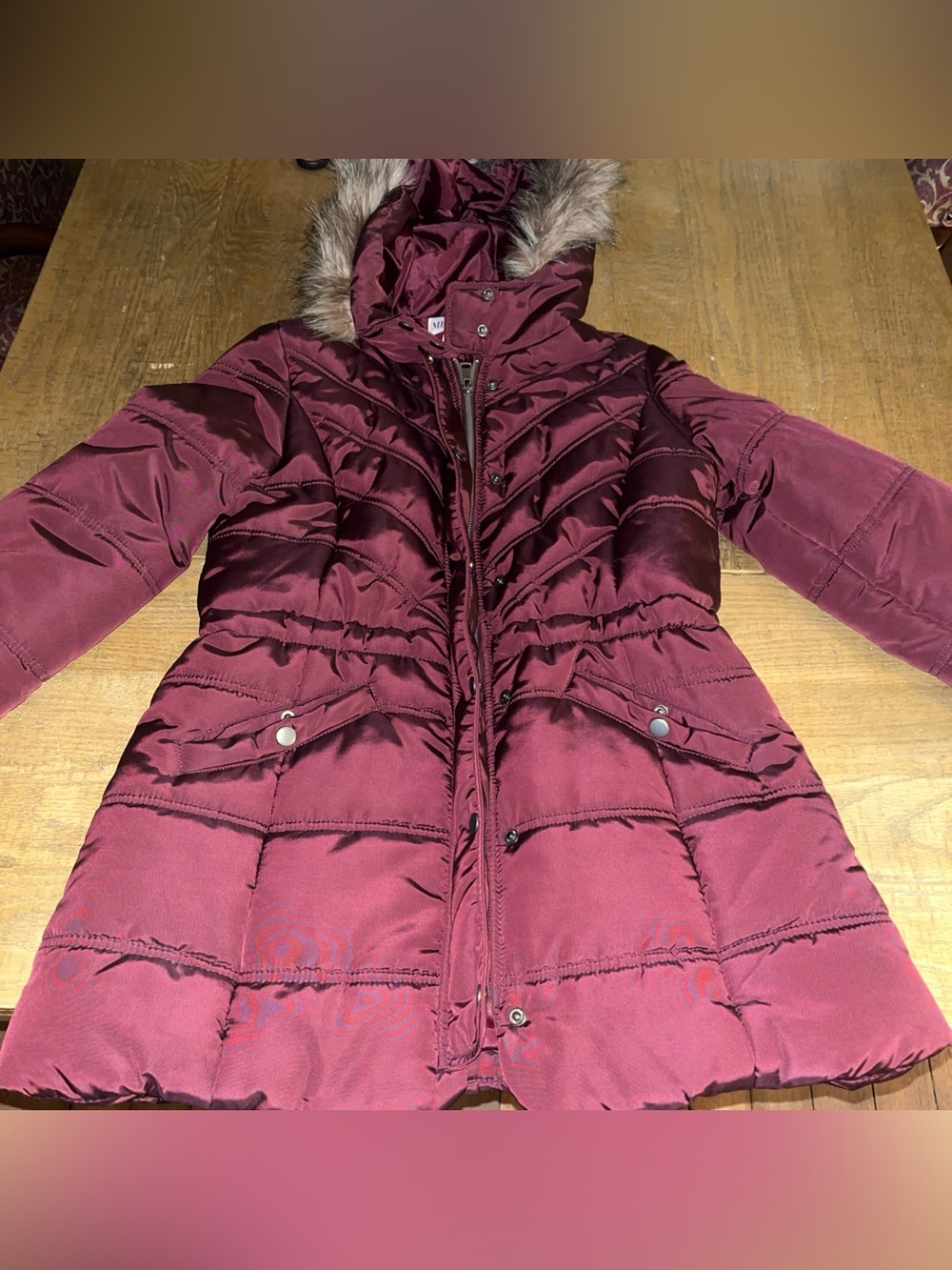 Merona Puffer Jacket Burgundy Red - Purple W/ Faux Fur Hood Size Small S